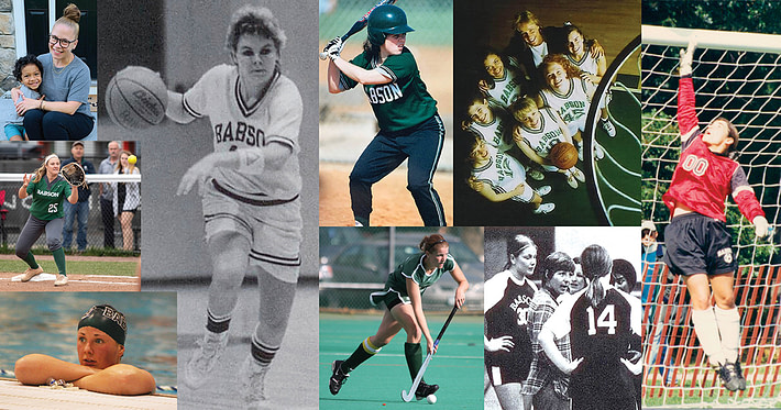 Collage of photos of Babson women student-athletes